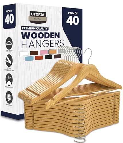 Image of Utopia Home Natural Wooden Coat Hangers 40 Pack – Strong Solid Wood Clothes Hangers with 360° Swivel Hook, Trouser Bar & Shoulder Notches – Durable Slim Space Saver for Suits, Jackets, Coats, Shirts