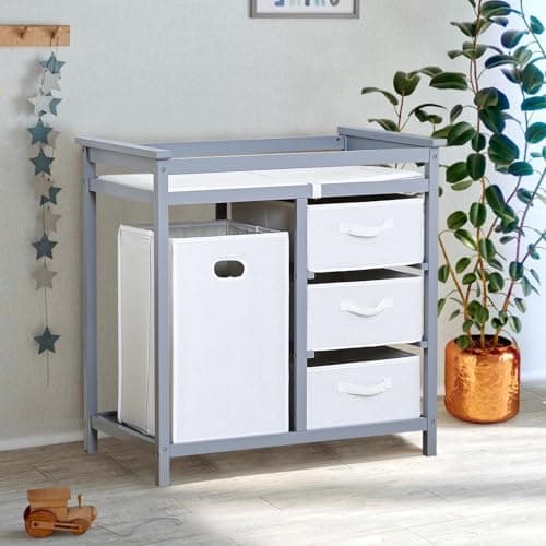 Image of Garvee Wooden Baby Changing Table, Modern Diaper Changing Table, Infant Diaper Changing Station Dresser with Laundry Hamper, 3 Drawer Basket and Changing Pad