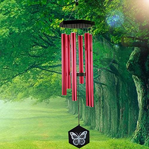 Image of FONMY Wind Chimes Outdoor w/Butterfly Sign Memorial Windchimes Great Wind Chime Gifts Soothing Melodic Tones & Bamboo/Aluminum Chime for Garden Home or Yard-31 Length Red Chimes Hanging Decor.