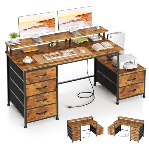 Image of Flrrtenv 128cm Desk with Fabric File Cabinet, Computer Desk with Shelves and Drawers, Writing Table with Monitor Stand, Study Table Workstation for Home Office, Rustic Brown