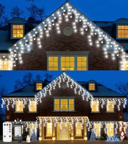 Image of Icicle Outdoor Christmas Lights,460LED 17.5M/57ft Christmas Decorations Lights Plug in,Cool White String Lights with IP44 Waterproof/Remote/8 Modes/Memory/Timer for Window Eaves Garden Outdoor Decor
