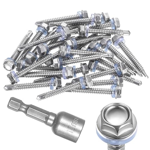 Image of 30pcs Self-Drilling Roofing Screws M6.3 x 50mm, Stainless Steel 401 Hex Head Screws with Washer, Metal Roof Screws with Sealing Washer, Self-Tapping Sheet Metal Screws + 10mm Socket