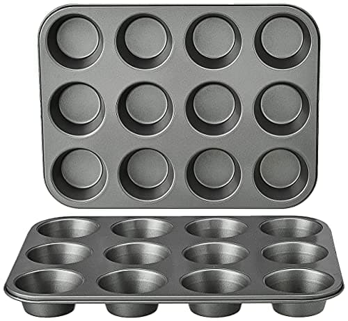Image of Amazon Basics Nonstick Round Carbon Steel Muffin Pan, 2-Pack, Grey, 13.9x10.55x1.22"