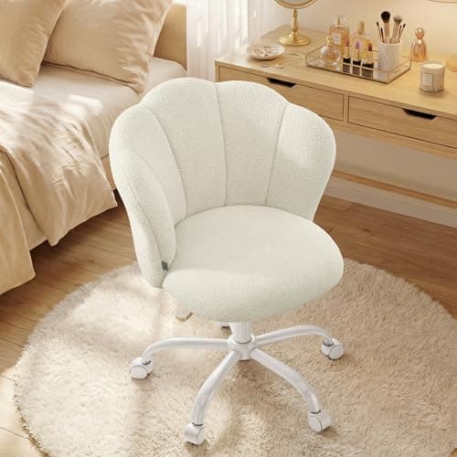 Image of SONGMICS Swivel Office Desk Chair, Makeup Vanity Chair for Dressing Table, Teddy Fleece, Holds 110 kg, Petal Backrest, Adjustable Height, for Living Room, Bedroom, Cream White OBG030WD02