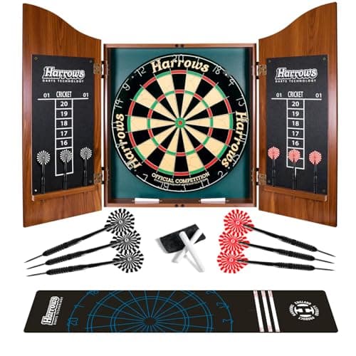 Image of Harrows Dartboard Wooden Cabinet Set with Darts Mat Bundle - Includes Harrows Official Competition Darts Board, Premium Rosewood Cabinet, 6 x 20g Darts, Darts Scoreboard, Wall Mount Kit, and Chalk