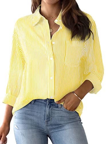 Image of AISEW Womens Button Down Shirts Striped Classic Long Sleeve Collared Office Work Blouses Tops with Pocket, Yellow, XXL
