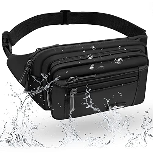 Image of HNOOM Waterproof Bum Bag with Multi-Pockets Fashion Bumbag Waist Fanny Pack for Men Women Large Capacity Waist Bag for Hiking, Dog Walking, Travel & Outdoor Activities (Black-1)