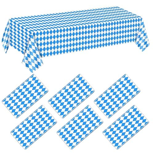 Image of 6 Pack 137x274cm Oktoberfest Tablecloths-Blue and White Checkered 54 x 108 inch Tablecloth Beer Table Cloths Rectangular Flag Patterned Table Covers for Oktoberfest Bavarian German Party Decoration