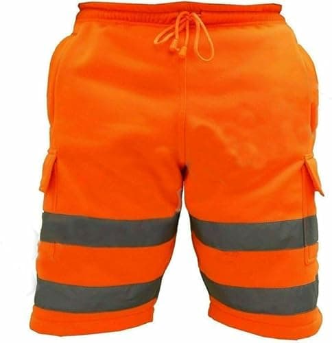 Image of Men’s Hi Viz Cargo Work Shorts with Reflective Bands – Multi Pocket Safety Shorts, Soft Comfortable Fleece Workwear (UK, Alpha, L, Regular, Regular, Orange)