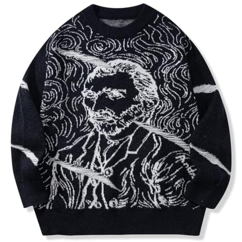 Image of LILILEIDY Mens Crewneck Sweaters Graphic Comfortable Casual Knit Fall Winter Sweater Oversized Pullovers, Monochrome Muse – Self-portrait, XXL