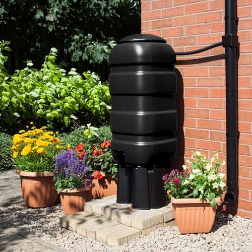Image of 100L Space Saver Black Water Butt Set - Complete With Stand, Tap & Diverter Kit - Rain Saver Garden Water Container For Gardens & Patios - 90cm x 40cm x 40cm Water Butt.