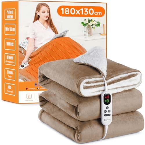 Image of Mia&Coco Electric Heated Blanket Throw Flannel Sherpa Fast Heating 180x130cm, 10 Heat Levels & Up-to-9-Hours Auto-Off Timer & LED Display, for Home Office Use, Machine Washable, ETL Certified, Khaki