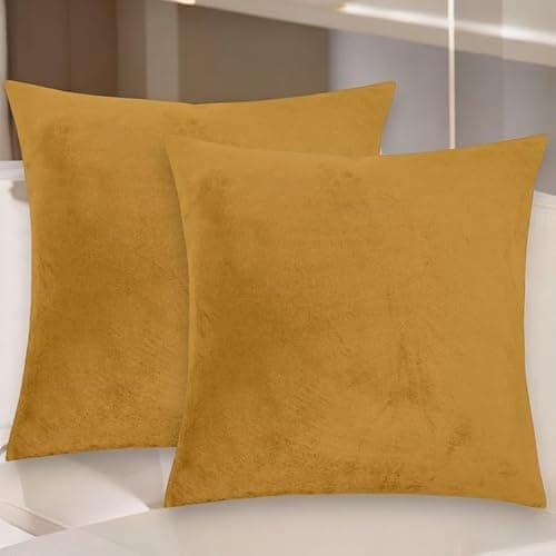 Image of Seechoo Velvet Cushion Covers, Set of 2, 45cm x 45cm, 18x18 Inch, 17 Colours, Extra Soft Plush, Decorative, Invisible Zipper (Gold Yellow)