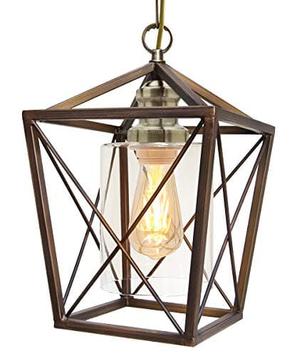 Image of Long Life Lamp Company Antique Brass Lantern Ceiling Pendant Light Rectangular Box Frame with Clear Glass Shade Vintage M0200F