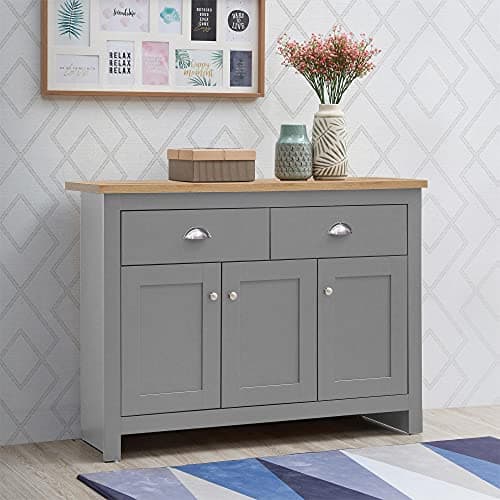 Image of Timber Art Design UK Lisbon Adjustable Sideboards with 3 Doors 2 Drawers Buffet Storage Cabinet Cupboard Storage Unit For Living Room Bedroom Kitchen, Light Grey - H82cm x W112cm x D35cm