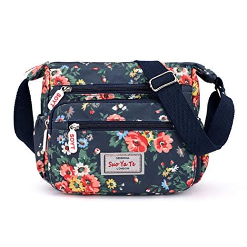 Image of Womens Multi-Pocket Casual Crossbody Handbags Waterproof Flowral Printed Shoulder Nylon Bags Travel Messenger Bags (Floral-Blue)