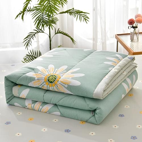 Image of Chickwin Quilted Bedspread for Single Double Size, 180x200cm Green Daisy Floral Printed Pattern Bedding Coverlets Lightweight Summer Bed Throws Comforter Soft Luxury Sofa Blanket for All Season
