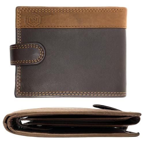 Image of MOIRENTO Mens Brown Leather Wallet - Genuine Leather RFID Blocking Trifold Bifold - 7 Card Slots, 2 ID Windows, Coin Pocket - Brown/Tan with Securing Strap - Ideal Leather Wallets for Men, 502B