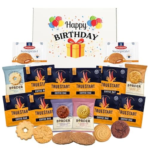 Image of Happy Birthday Hamper Coffee Gift Set Bundle with x8 TrueStart Coffee Bags, x2 Jumbo Stroopwafels and Individually Wrapped Border Biscuits - Birthday Hampers For Men and Women