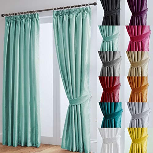 Image of John Aird Luxury Faux Silk Fully Lined Pencil Pleat Curtains With Matching Tie Backs (Duck Egg, 168cm Width x 229cm Drop (66"x 90")
