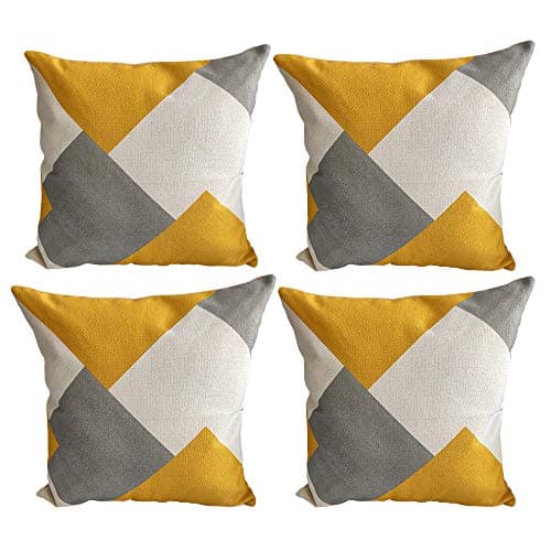Image of Set of 4 Thick Mustard Yellow Polyester Geometric Printed Design Sofa Cushion Covers with Hidden Zip Closure 18x18 Inch 700g (Grey White Yellow Puzzle, 18x18(45x45cm) - 700g)