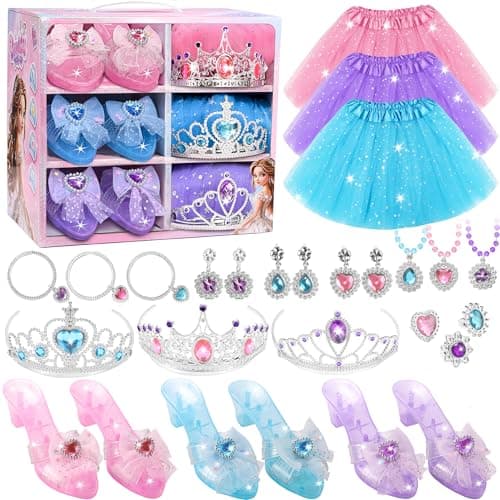 Image of YasinKidz Princess Dress Up Shoes & Make Up Set - 3 Colour Shoes, Skirts, Crowns, Jewelry - Dress Up for Girls Age 3-6