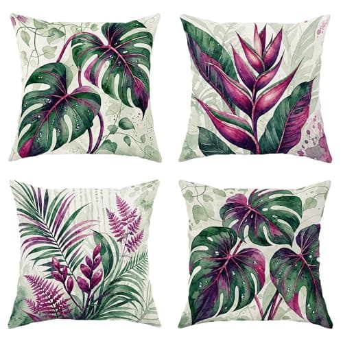 Image of Monstera Throw Pillow Covers Set of 4, Tropical Botanical Bird of Paradise Fern Summer Green with Hidden Zipper Cushion Covers Pillow for Home Living Room Bedroom Dorm Couch Decor 22x22 Inch