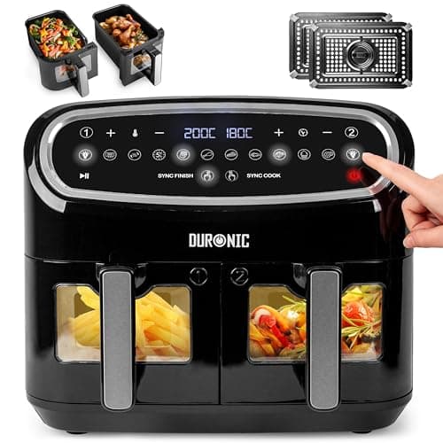 Image of Duronic AF24 Dual Air Fryer, 10L Large Capacity Digital Air Fryer with Dual Zone Baskets, 10 Cooking Presets, Sync Cook & Finish, 2400W Fast Cooking, Viewing Window, Dishwasher-Safe – Family Size