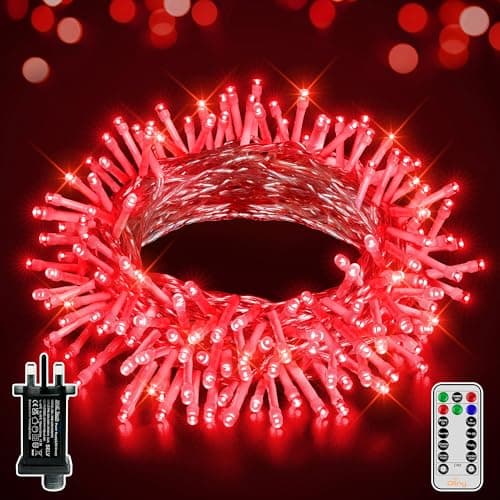 Image of Ollny 10m 100 LED Red Fairy Lights Mains Powered, Waterproof Outdoor String Light with Remote/Plug/Modes/Timer, Bright Lighting Mother's Day Wedding Anniversary Valentine's Day Decorations