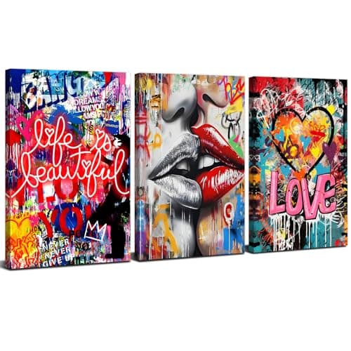 Image of 3 Piece Banksy Wall Art Graffiti Wall Decor Abstract Colorful Wall Pictures for Living Room Pop Art Street Artist Canvas Painting Modern Love Sign Posters Artwork Teens Bedroom Home Decorations 12x16”