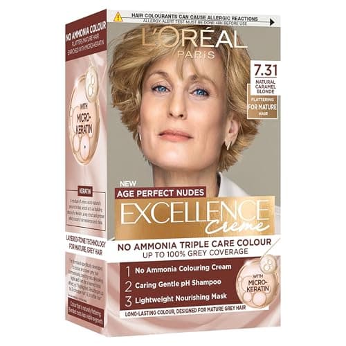Image of L'Oreal Paris Excellence Age Perfect Nudes Permanent Hair Colour for Mature Hair, No Ammonia Triple Care Routine with Micro-Keratin, 100% Grey Coverage, 7.31 Natural Caramel Blonde