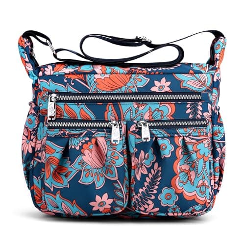 Image of SODOLLEE Women Shoulder Bag Fashion Print Crossbody Bag Lightweight Ladies Cross Body Bag Multiple Pockets Nylon Messenger Bag for Shopping Travel Flower A