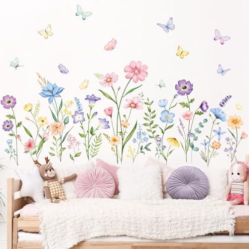 Image of Garden Flower Wall Stickers Large Watercolor Wildflower Grass Butterflies Wall Decals for Girls Bedroom Living Room Home Office Wall Decor