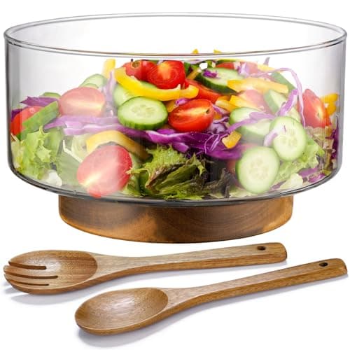 Image of NiHome Large 3600ML Glass Salad Bowl with Acacia Wood Salad Tongs, Enhanced Stability Design, Versatile Serving Bowl for Salads, Fruits, Ideal for Gatherings & Daily Family Dining