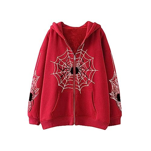 Image of YILEEGOO Women's Oversized Y2K Zip Up Halloween Hoodies Jacket Long Sleeve Graphic Spider Print Hooded Jackets with Pockets Punk Grunge Goth Harajuku Sweatshirt Streetwear (Red, XL)