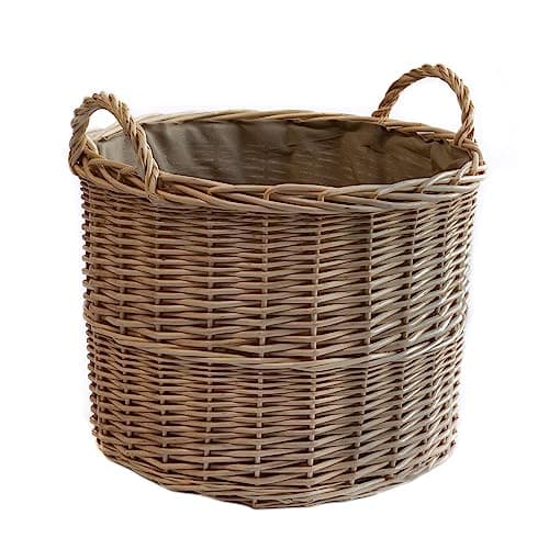 Image of Arthur Cameron Deluxe Circular Wicker Log Basket with Handles & Lining - Large Wicker Storage Basket, Round Log Basket, Round Basket (Medium, Antique Wash)