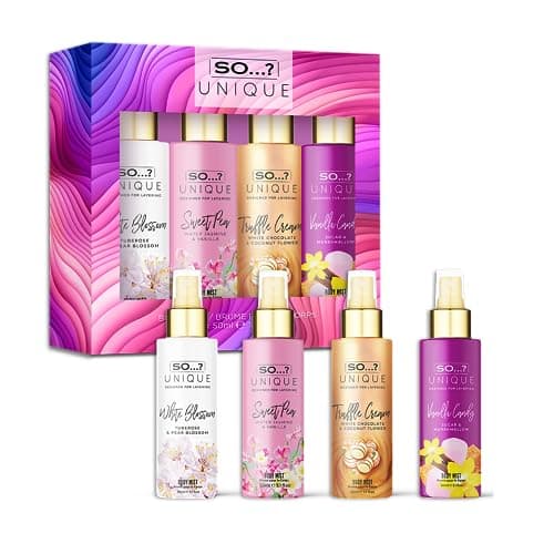 Image of So…? Unique Mini Mist Womens Gift Set with Vanilla Candy/Sweet Pea, Truffle Cream, & White Blossom, Body Mist Fragrance Spray Set (4 x 50ml.)