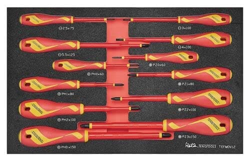 Image of Teng Tools 12 Piece 1000 Volt Insulated Flat, Phillips (PH), Pozidriv (PZ) Screwdriver EVA Foam Set - TEFMDV12
