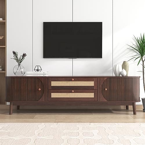 Image of BTM TV Stand Cabinet, TV Cabinet with Doors and Drawers, TV Unit with Faux Rattan, Natural Walnut Color Mixed, 170x40x46cm