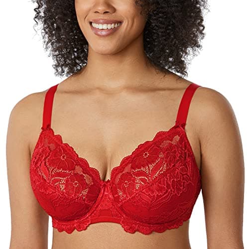 Image of Delimira Women's Full Coverage Non-Foam Floral Lace Plus Size Underwired Bra Lipstick Red 38E