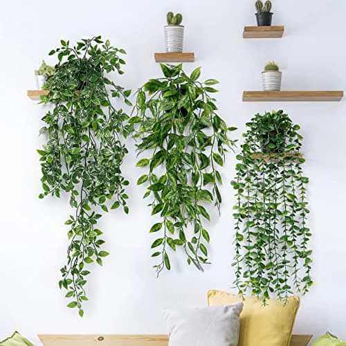 Image of Dremisland Artificial Plant Eucalyptus - Set of 3 Decorative Artificial Hanging Plants with Pots Fake Ivy Vines Greenery Faux Trailing Plants for Home Garden Office Shelf Wall Decoration