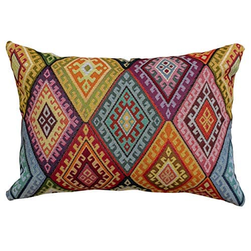 Image of Linen Loft Multicoloured Kilim Style Boudoir Cushion Cover. 17x12 Rectangle. Classic Bright Turkish Style Woven Geometric Tapestry Diamond Pattern Pillow Case.