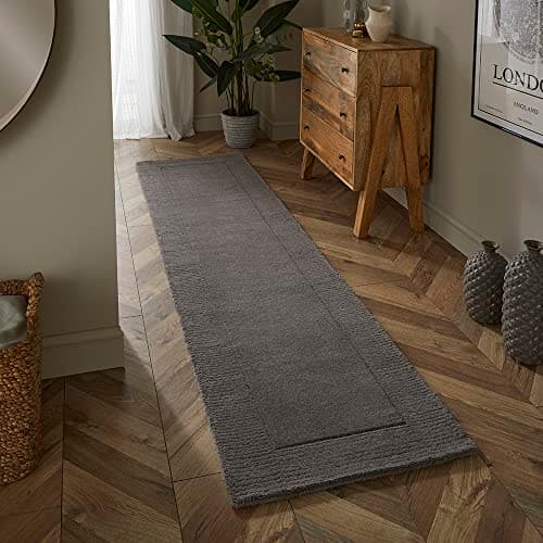 Image of Wool Bordered Rug for Modern Classic Bedroom Living Room Soft Quality Esme Hand Carved Elegance Plain Vibrant Colours Rug Grey, Runner 60x230 cm (2'3"x7'7")