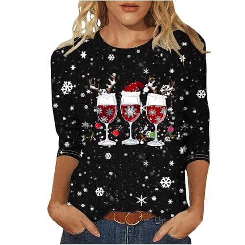 Image of TURWXGSO Christmas T Shirts for Women UK Funny Novelty Graphic Red Wine Glass Xmas Tree Snowflake Crewneck Xmas Tops 3/4 Sleeve Tshirt Plus Size Pullover Loose Sweatshirts Casual Ladies Tops