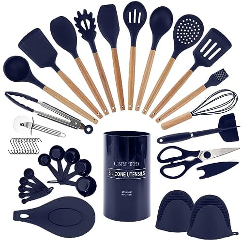 Image of Country Kitchen Non Stick Silicone Utensil Set with Rounded Wood Handles for Cooking and Baking, 38 Piece Set, Navy