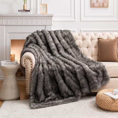 Image of HOMFINE Luxury Faux Fur Throw Blanket - Long Fluff Fuzzy Super Thick Blanket for Sofa, Couch, Bed, Home Decor with Soft Cozy Plush Velvet Back Warm Fluff Throw for Winter, Gray, 130X150CM