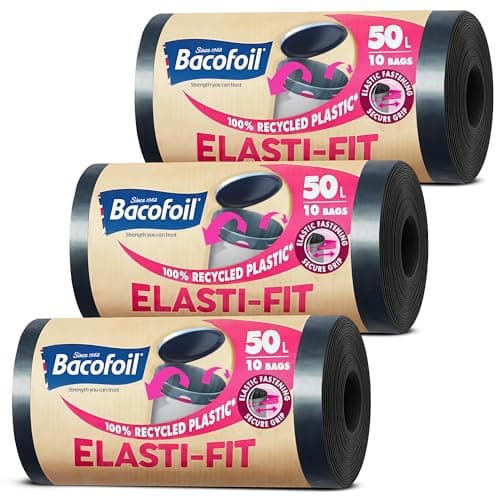 Image of Bacofoil Elasti-Fit Bin Liners with Drawstring Handles 50L - Leak-Proof Bin Bag with Elastic Fastening for a Secure Fit (3 Rolls, 30 Bags)…