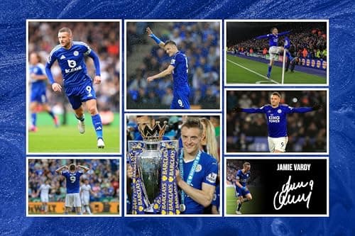 Image of RJR PRINTS Jamie Vardy - Leicester City Star Football Player Signed 12x8 Inch Montage Autograph Photo Print WIth A Pre Printed Signature Which Would Make A Superb Gift For Any Fan.