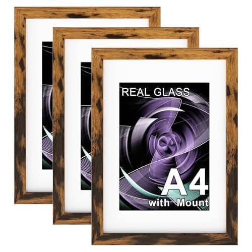Image of Pycisid Real Glass A4 Picture Frame, Pack of 3 Rustic A4 Frame with Glass Window, 21x29.7cm Photo Frames with Mount for Table Top and Wall Mounting