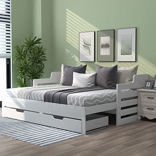 Image of ANIROY 3FT Single Daybed, Single Guest Bed Sofa Bed with Pull Out Trundle and Storage Drawer, Cabin Bed for Living Room and Bedroom, 90 x 190cm, White
